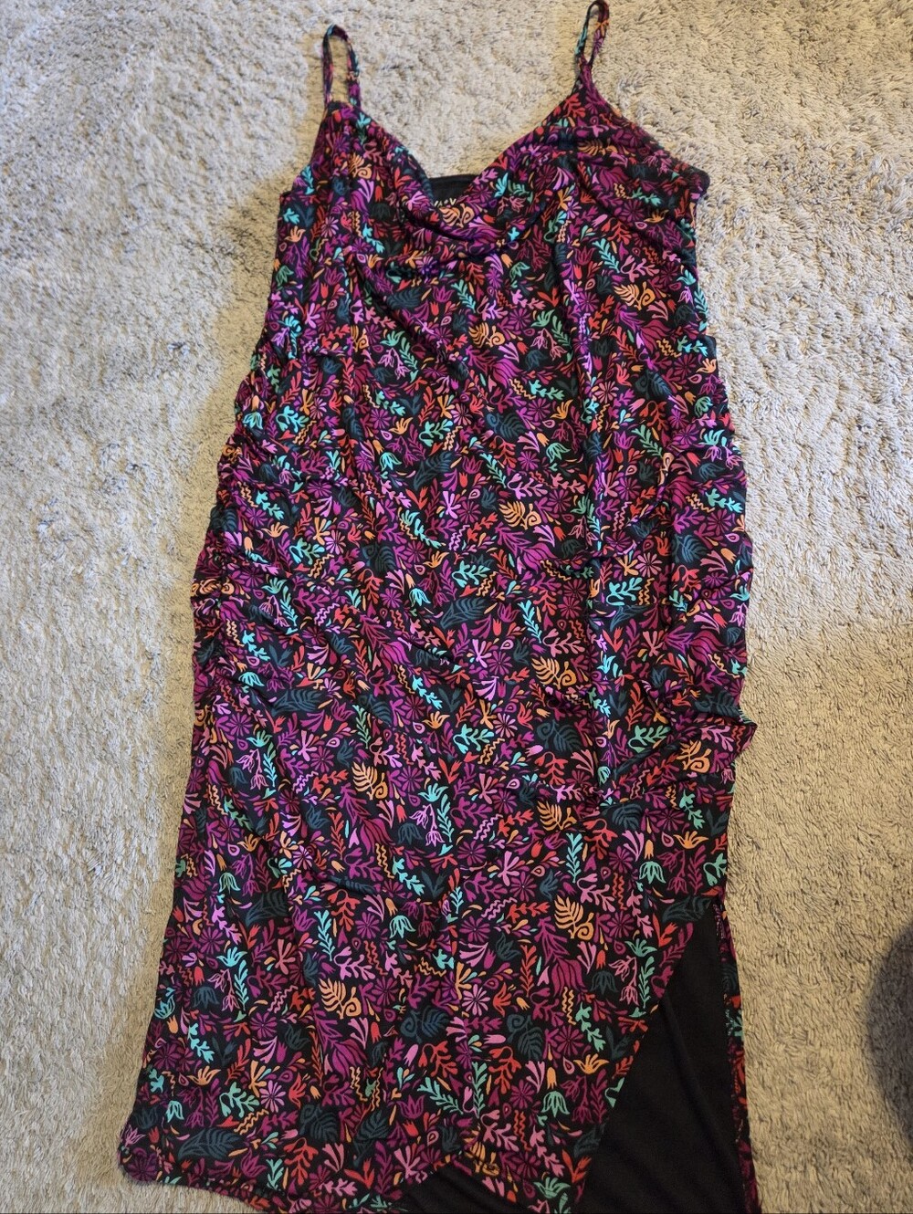 Ava & Viv Black Pink, Green & Orange Floral Print Ruched Dress With Side Slit